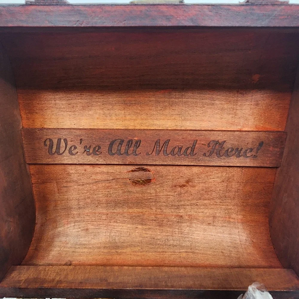 Alice In Wonderland Tea Set We're All Mad Here Glass Teapot Cups Wood Chest Box